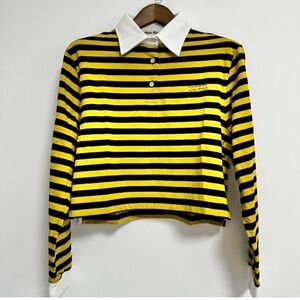 Striped Yellow & Black Polo Crop Top with White Collar
Size small 
No brand